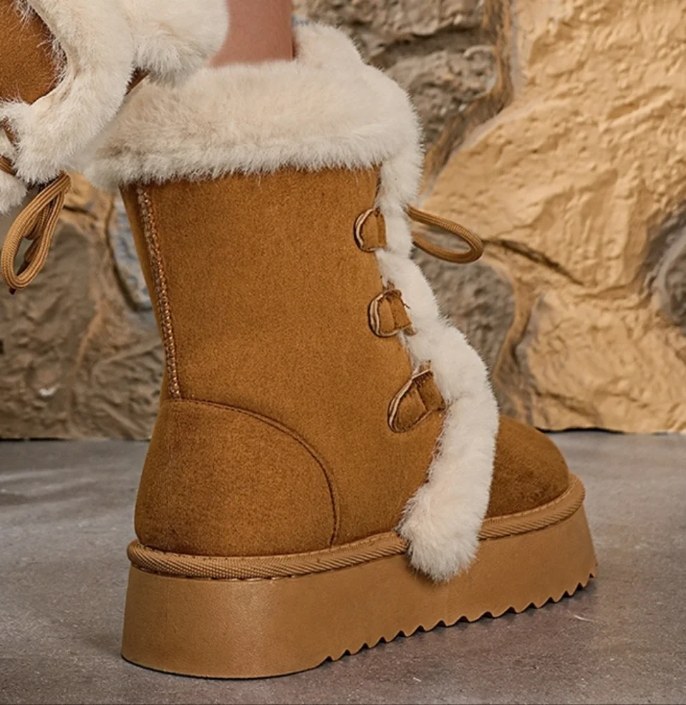 Faux Fur Platform Lace-up Winter Boots Plush Chunky Lug Vegan Suede Shoes